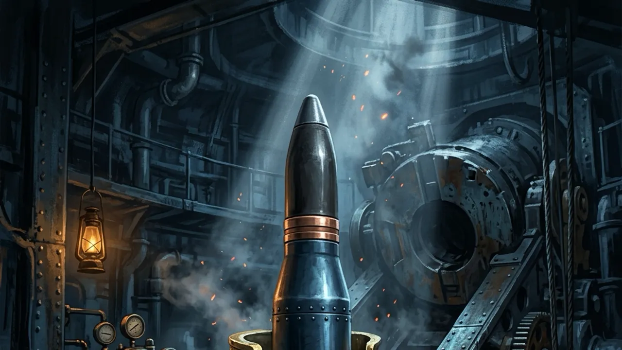 A long, dense armor-piercing artillery shell with a hardened cap, stencilled and racked in a magazine.
