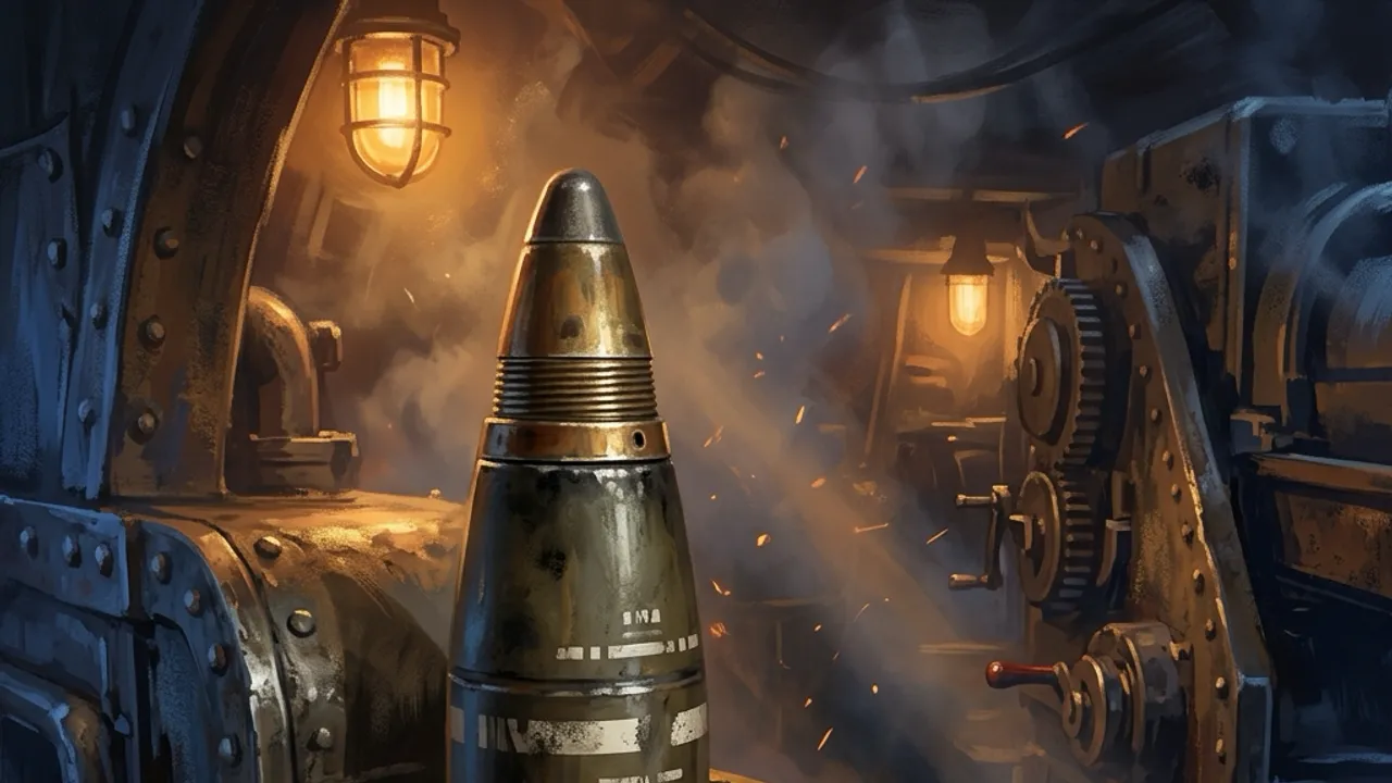 A high-explosive artillery shell with a blunt nose fuze, stencilled and standing in a brass rack.