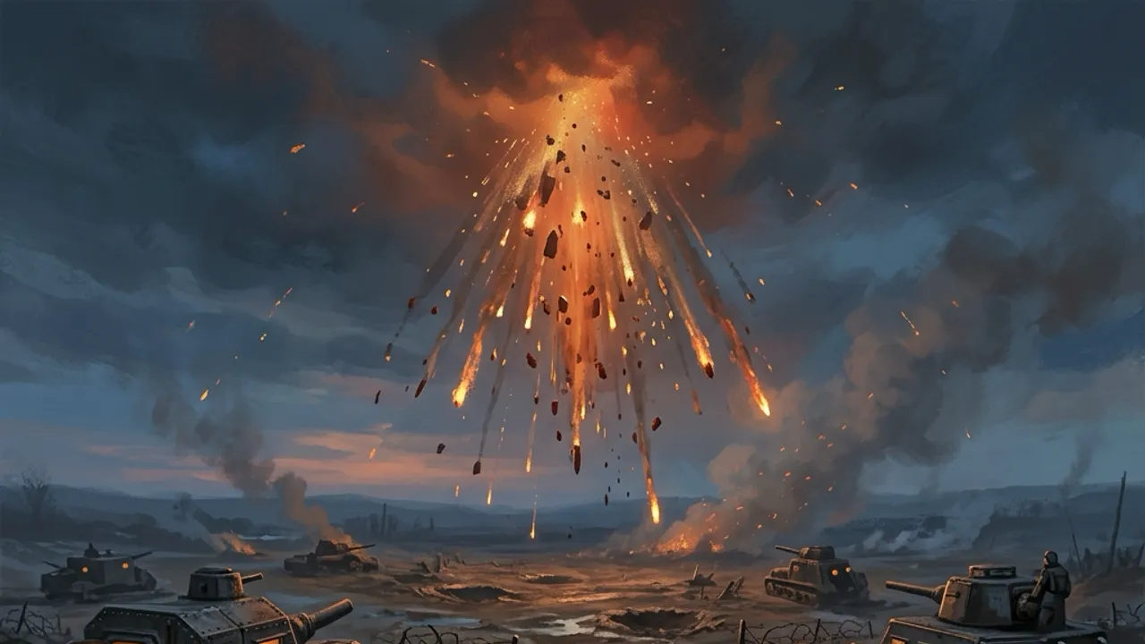 A shrapnel shell bursting overhead, scattering a cone of fragments over open ground.