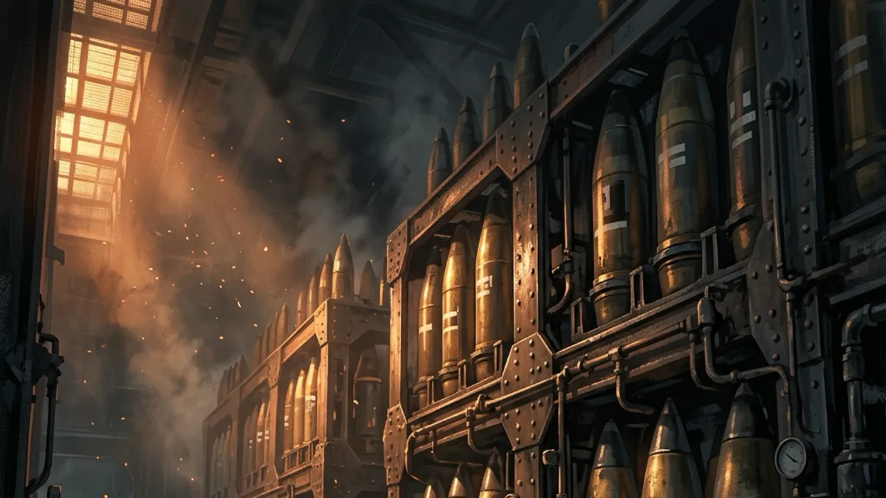 Rows of towering brass artillery shells racked in a dieselpunk magazine, each stencilled with markings.