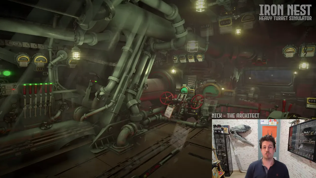 Official IRON NEST developer-video frame showing the heavy artillery workspace where ammunition and firing settings are prepared.