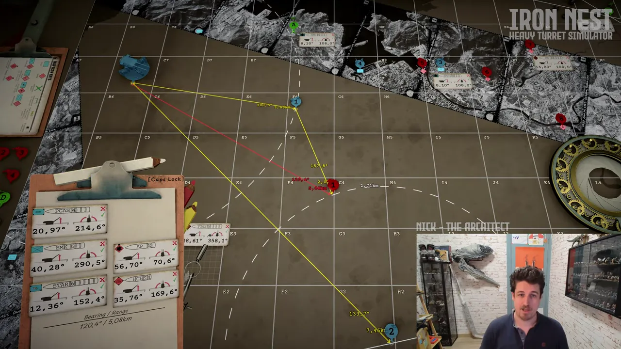 Official IRON NEST tactical map and task clipboard showing a firing card labeled AP with charge, elevation, bearing and range data