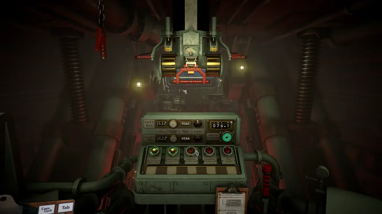 IRON NEST gun control console under red light with charge controls, gauges and firing mechanisms prepared for an operation