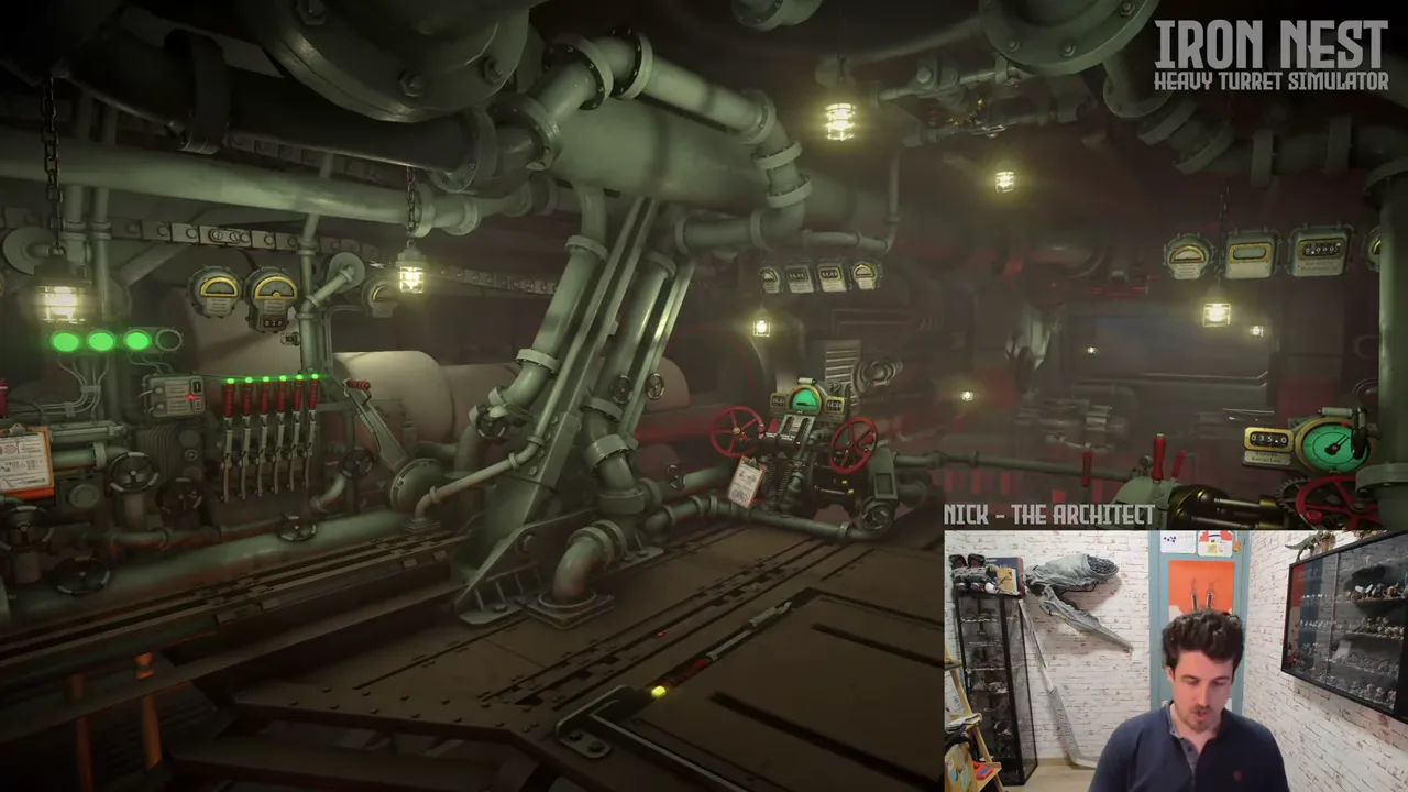 Wide official view of the IRON NEST loading machinery, indicator lamps, pipes, walkways and gun controls