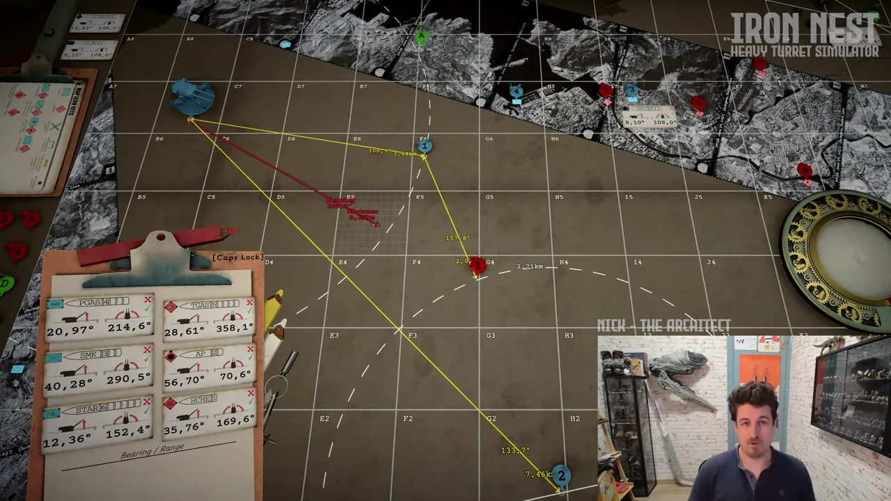 Official IRON NEST tactical map and task clipboard showing a distinct SMK firing-solution card