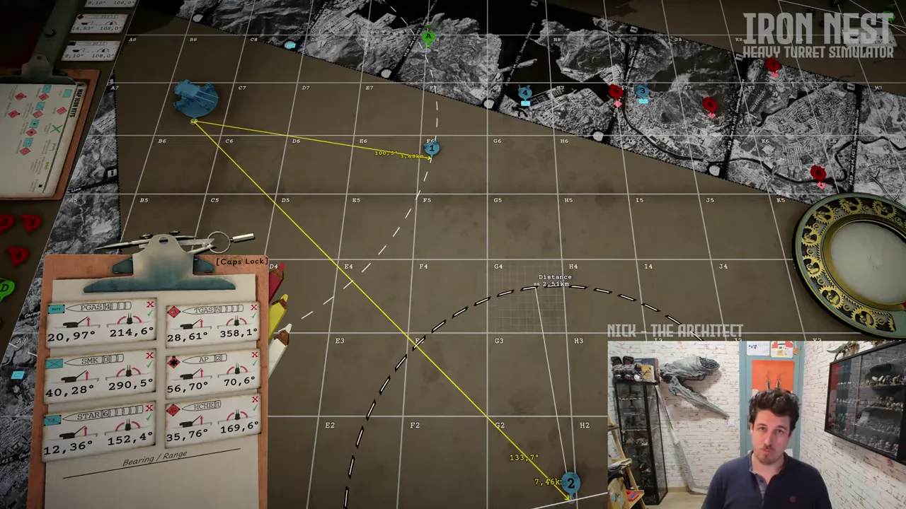 Official IRON NEST task clipboard beside the tactical map with cards labeled PGAS, TGAS, SMK, AP, STAR and HCHE