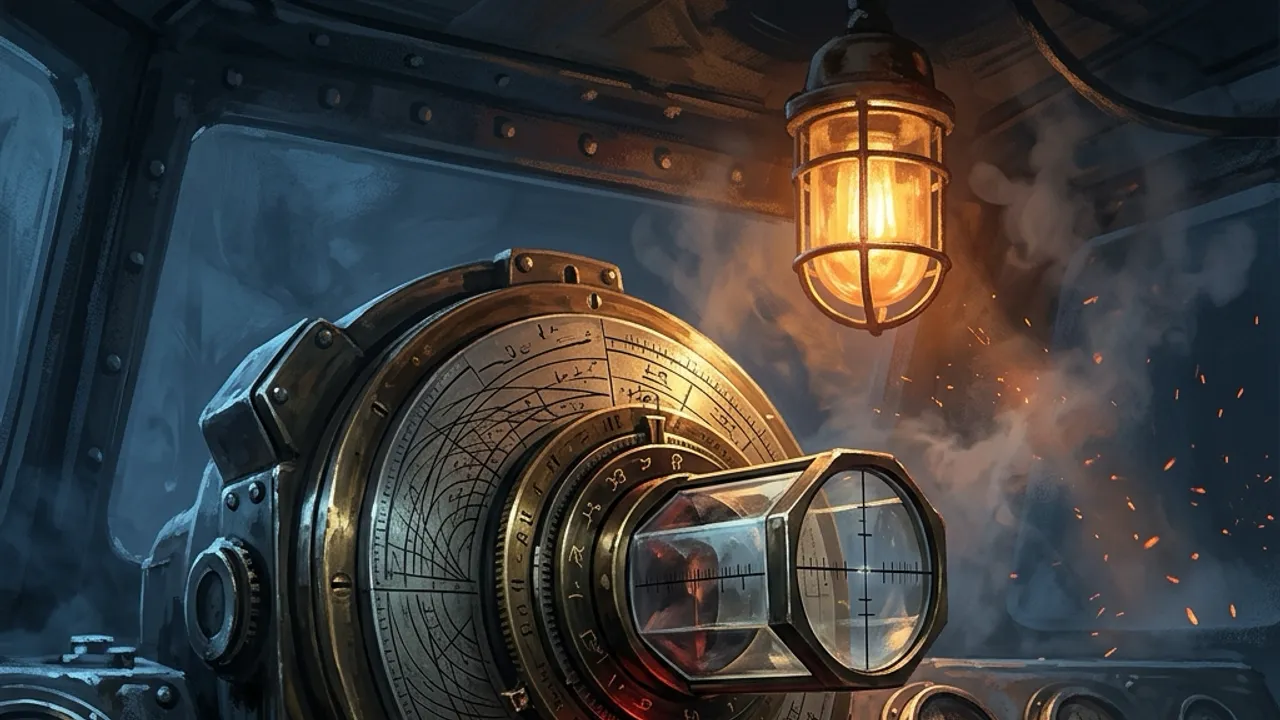A brass-and-glass ballistic calculator covered in dials, scales and engraved range tables.