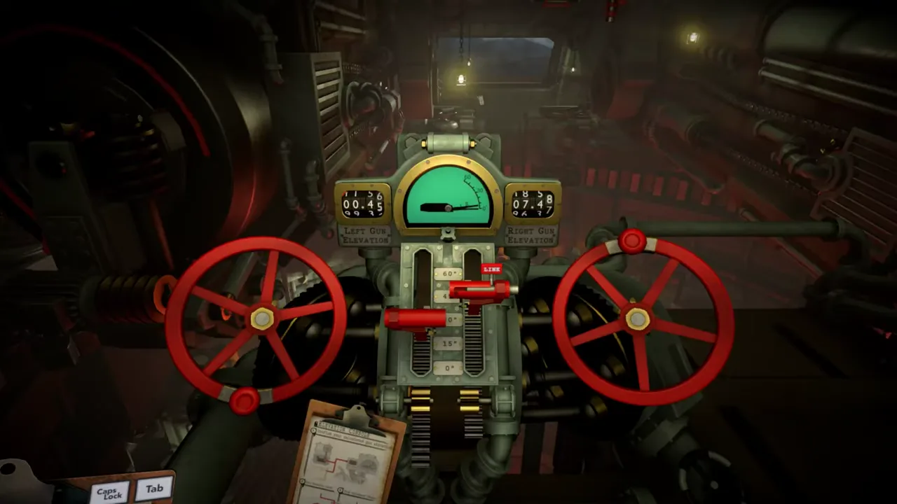Interior of the IRON NEST turret with twin red elevation wheels, analogue gauges and heavy mechanical controls
