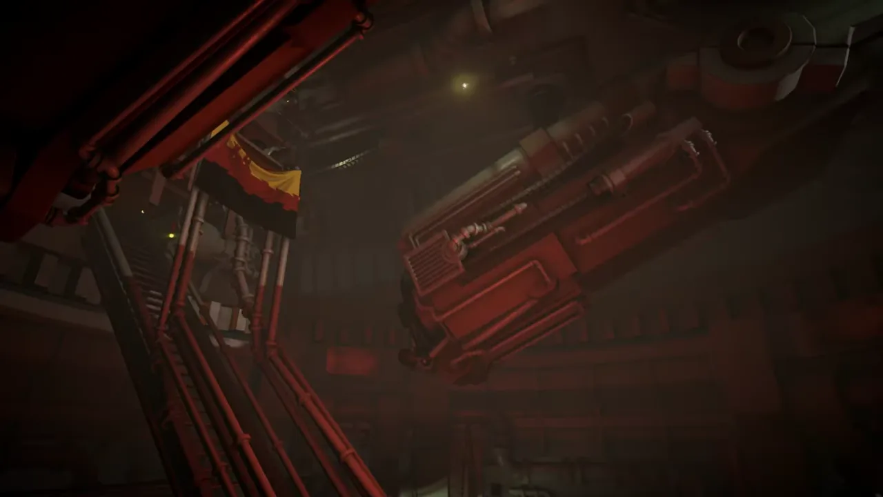 Official IRON NEST launch-trailer frame showing an analogue heavy-turret station with gauges and mechanical controls.