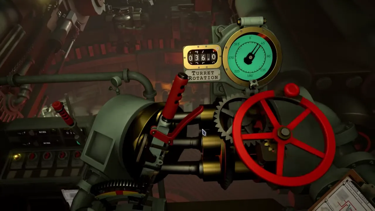 Official IRON NEST launch-trailer frame showing a confined artillery operator room with dense mechanical controls.