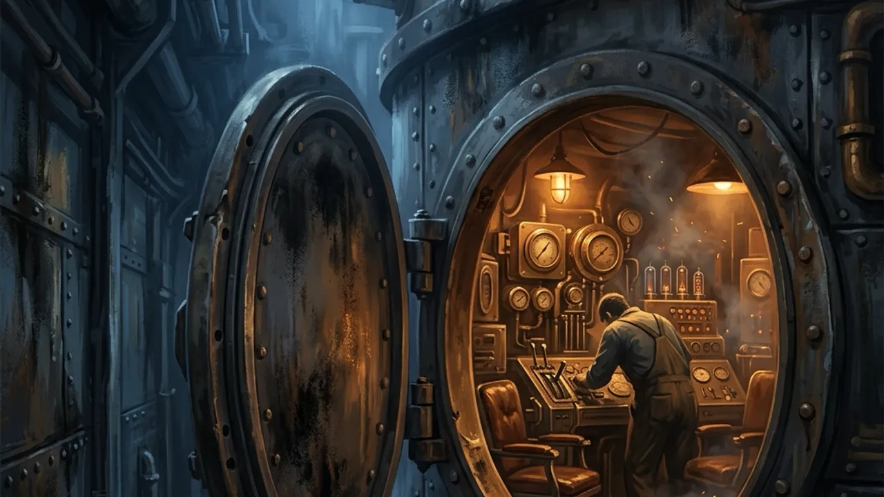 A glowing 'DEMO' stencil stamped on a riveted iron hatch leading into a turret control room.