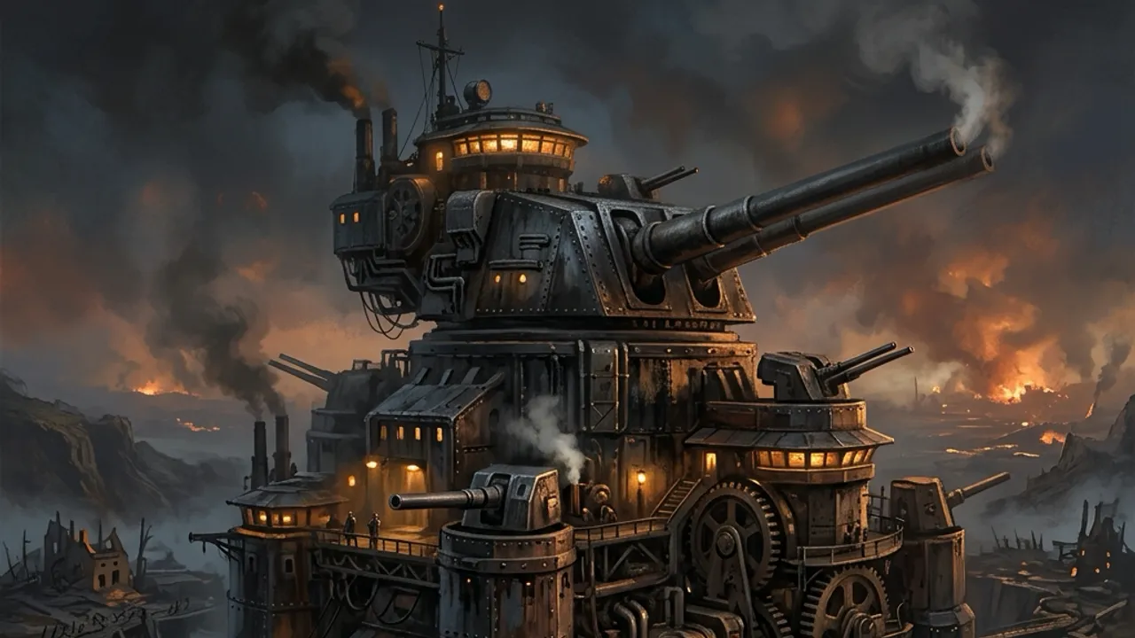 A colossal dieselpunk artillery turret on a riveted iron emplacement under a smoke-streaked sky.