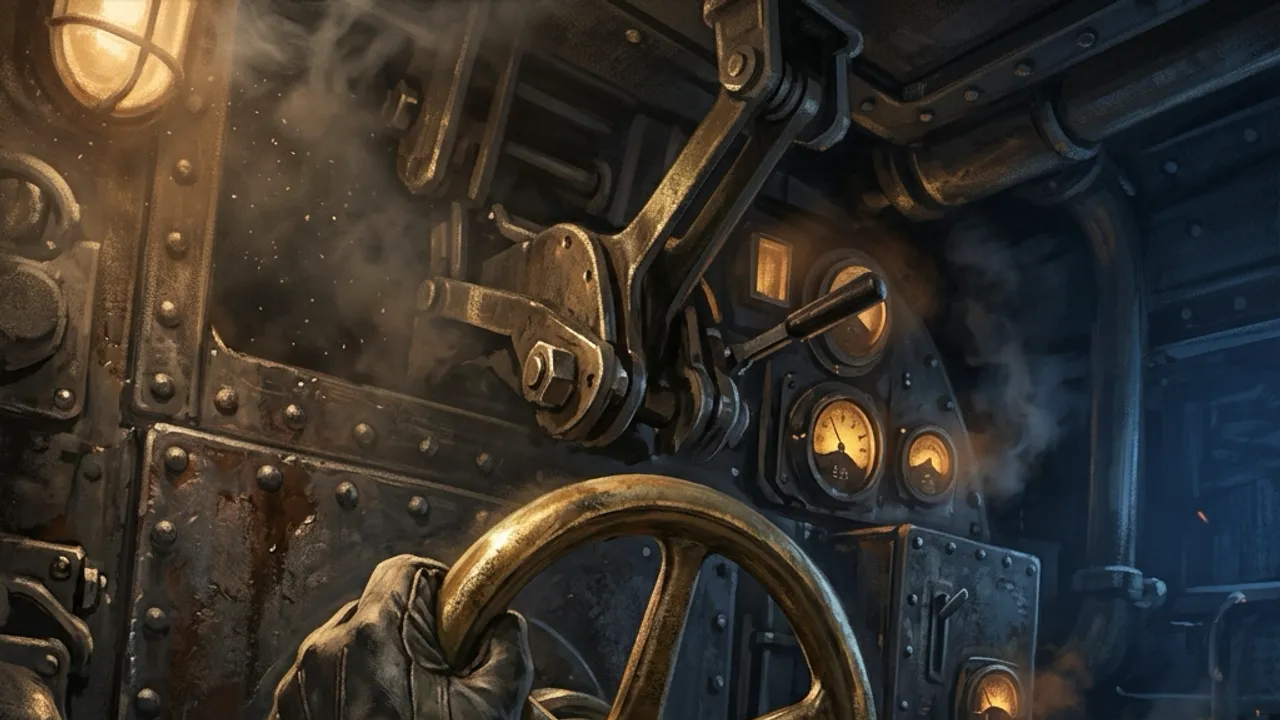 An operator's gloved hands on brass elevation wheels inside a dimly lit dieselpunk turret cab.