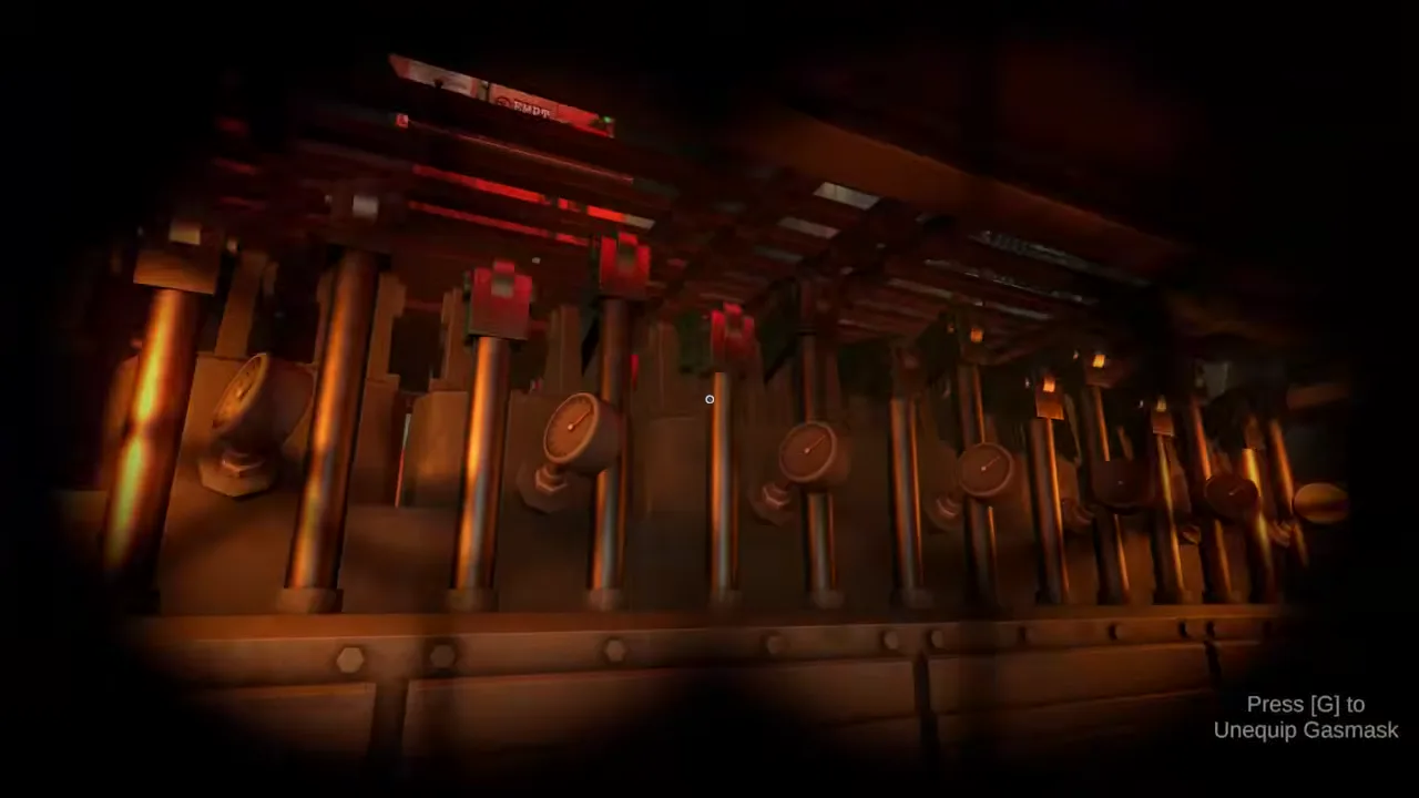 IRON NEST internal magazine with rows of vertical propellant or ammunition-handling cylinders under red light, viewed through a gas mask