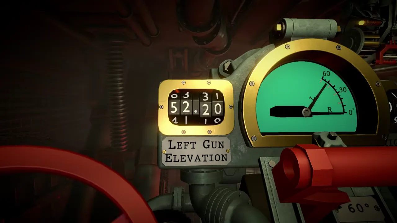 Close view of the left-gun elevation counter, analogue angle gauge and red laying control inside IRON NEST