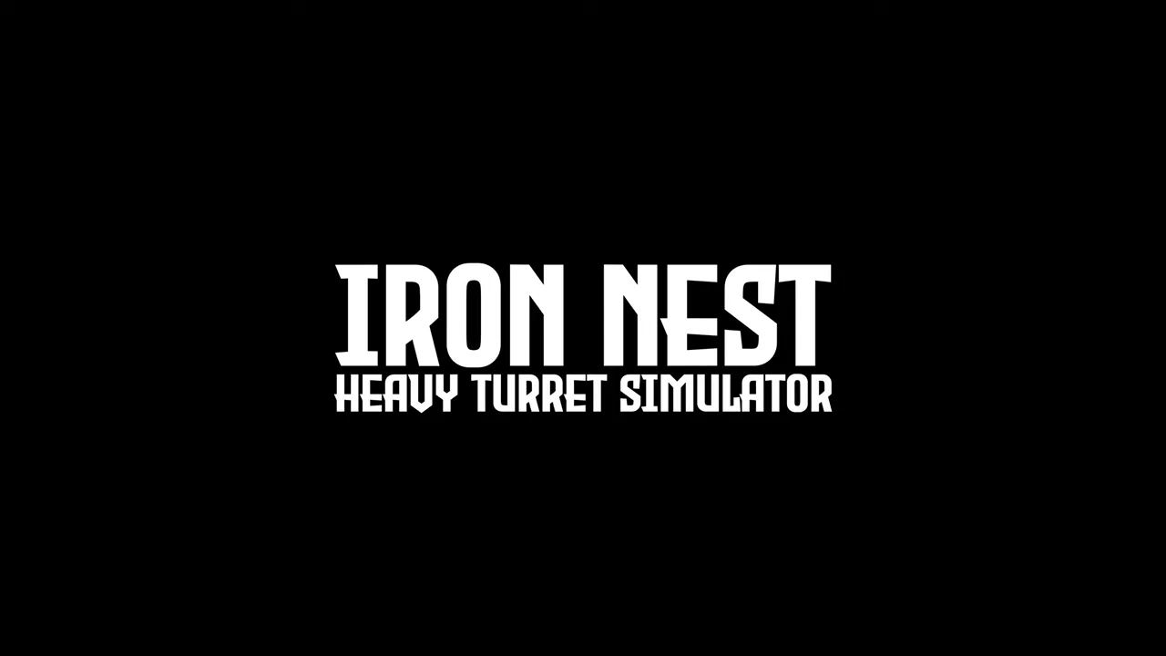 White IRON NEST Heavy Turret Simulator title logo centered on a black background
