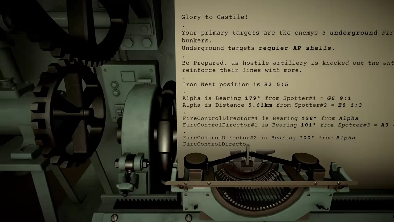 IRON NEST teleprinter printing an operation order with target type, turret coordinates, observer bearings and distances