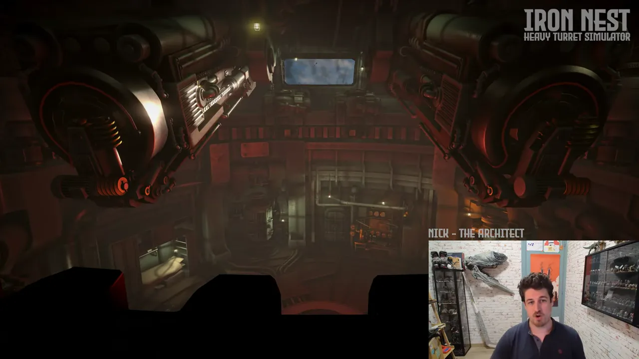 The enclosed IRON NEST operator compartment with red-lit machinery and a distant observation screen