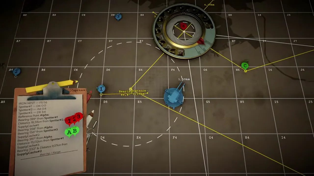 IRON NEST tactical map with observer markers, intersecting plot lines, handwritten notes and a brass compass