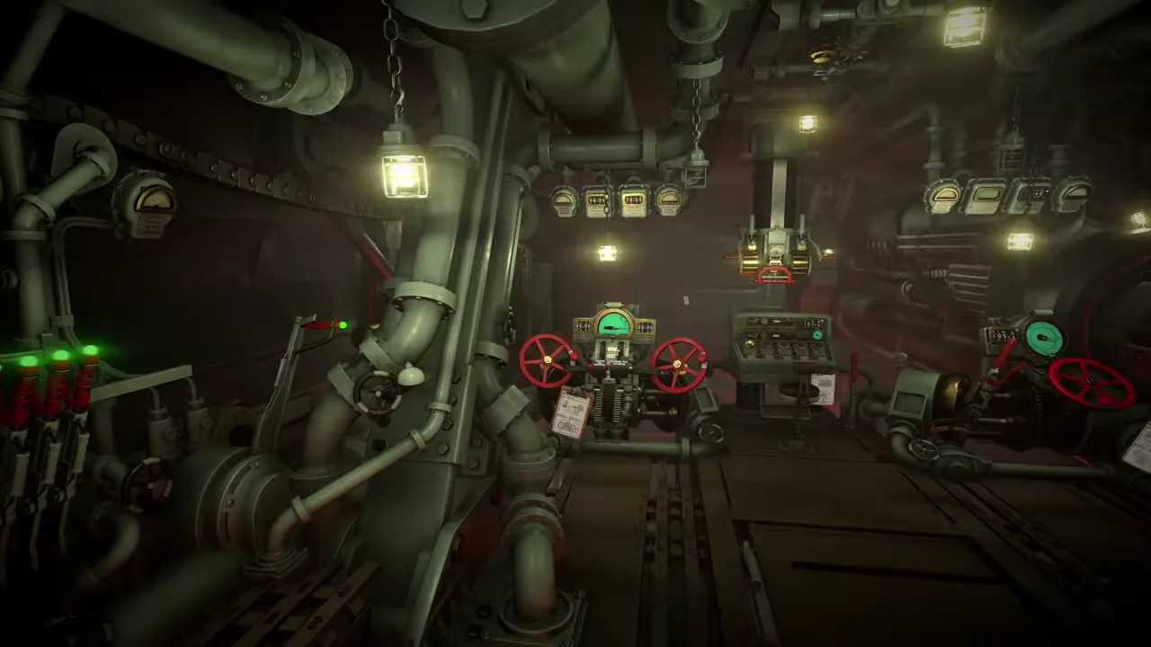 Wide view inside the IRON NEST turret showing pipes, paired gun-laying stations, analogue gauges and red control wheels
