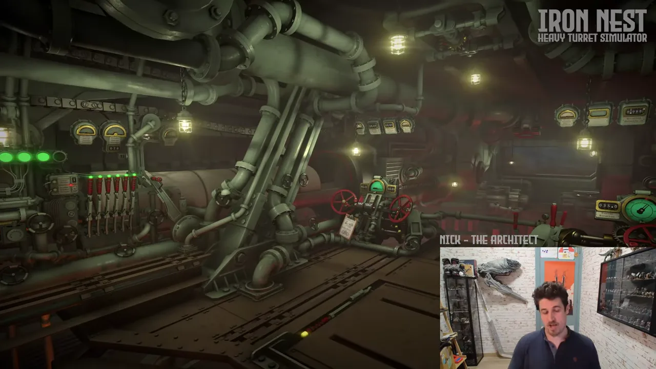 Official IRON NEST developer-video frame showing the manual heavy-turret control room and its workstations.
