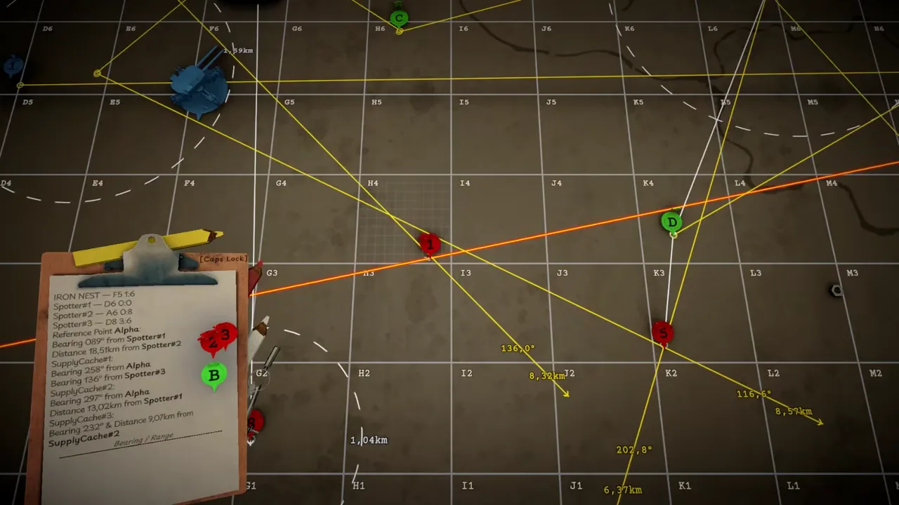 IRON NEST tactical map with grid labels, colored observer markers, plotted bearing lines, distance annotations and a target clipboard