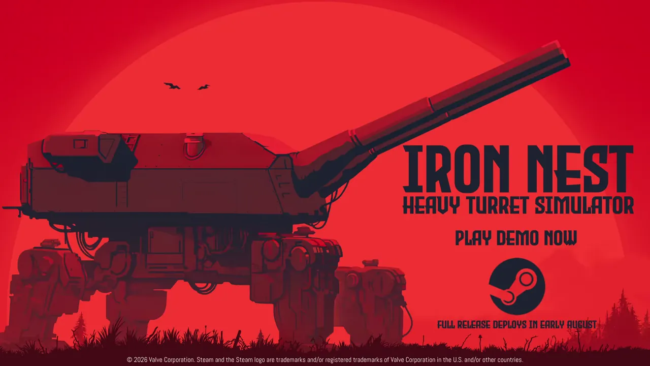 Red official IRON NEST demo end card showing the walking heavy turret, game title and Steam logo