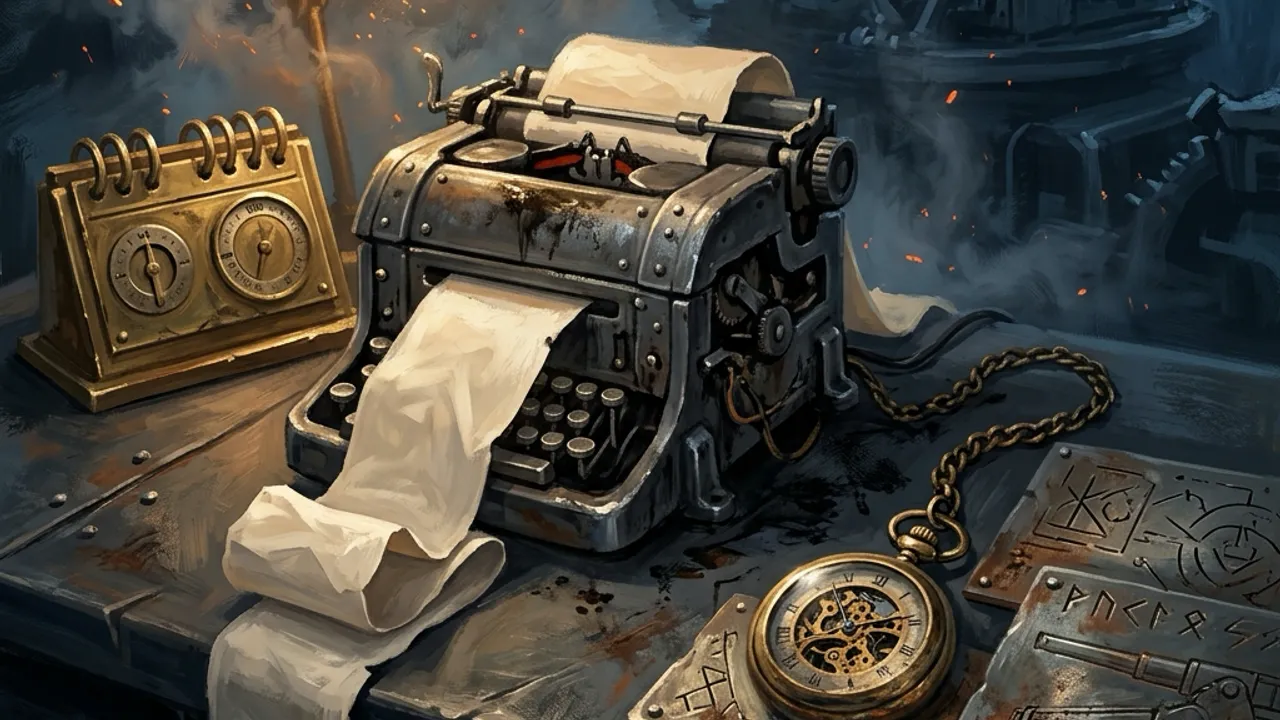 A brass desk calendar and a teleprinter ribbon marked with a circled date in a dieselpunk control room.