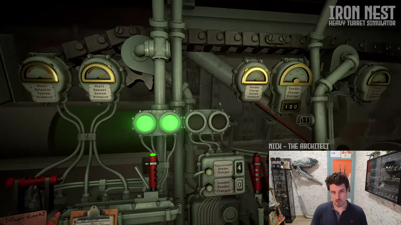 Official IRON NEST developer-video frame showing a dieselpunk artillery workspace with layered controls and displays.