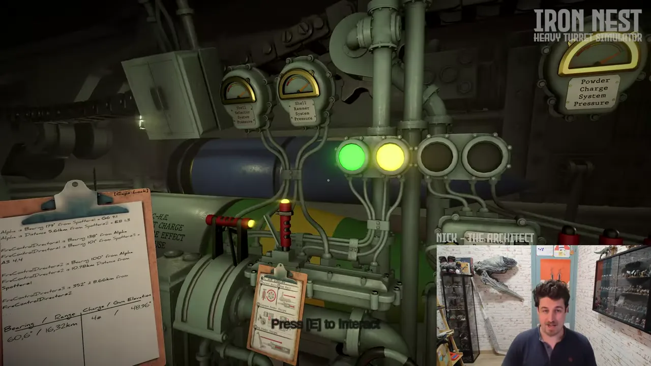 Official IRON NEST behind-the-scenes video frame showing the game’s industrial control and map workspace.