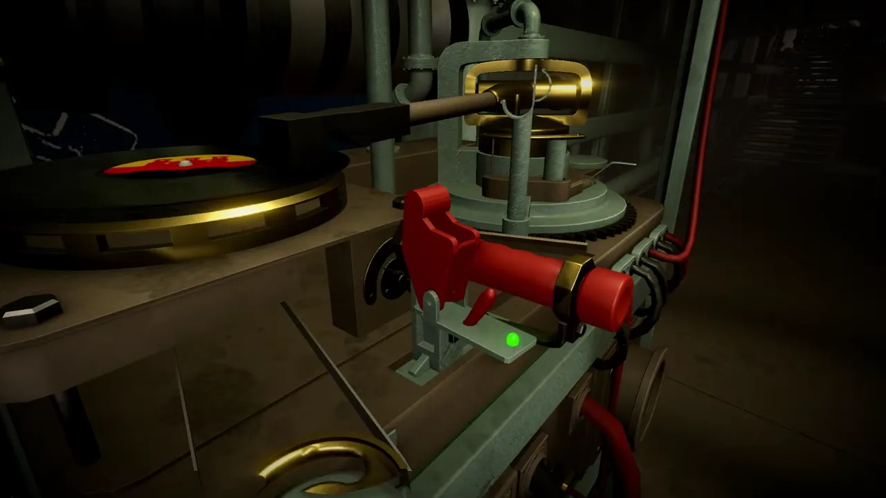 Close view of the IRON NEST gramophone with a record on its turntable, brass pickup arm and red winding handle