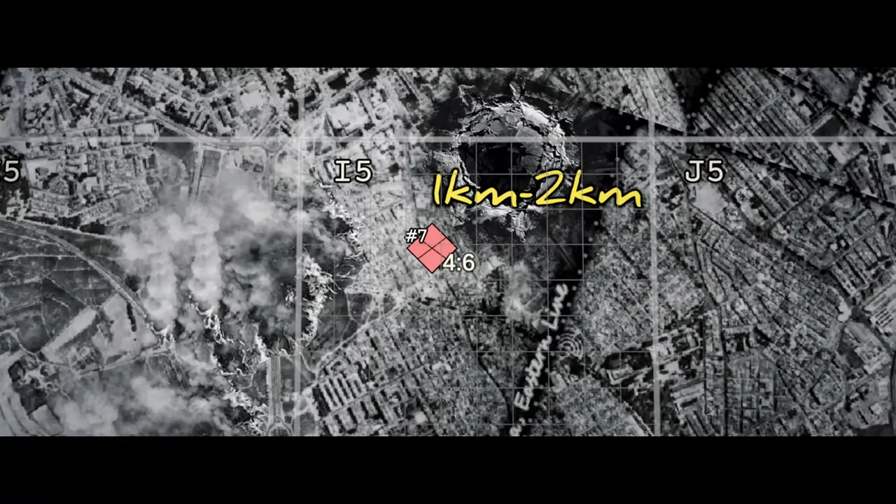 Black-and-white aerial reconnaissance map divided into grid squares, with smoke, handwritten range notes and a red unit marker