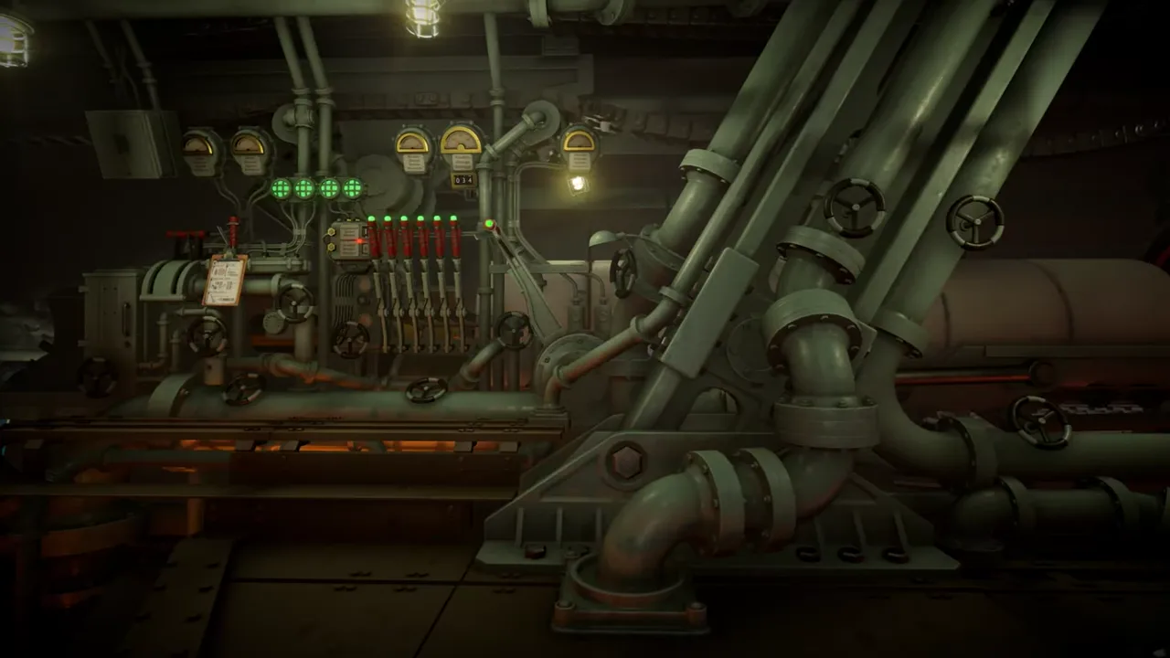 Official IRON NEST launch-trailer frame showing a dark industrial turret interior and its red-lit machinery.