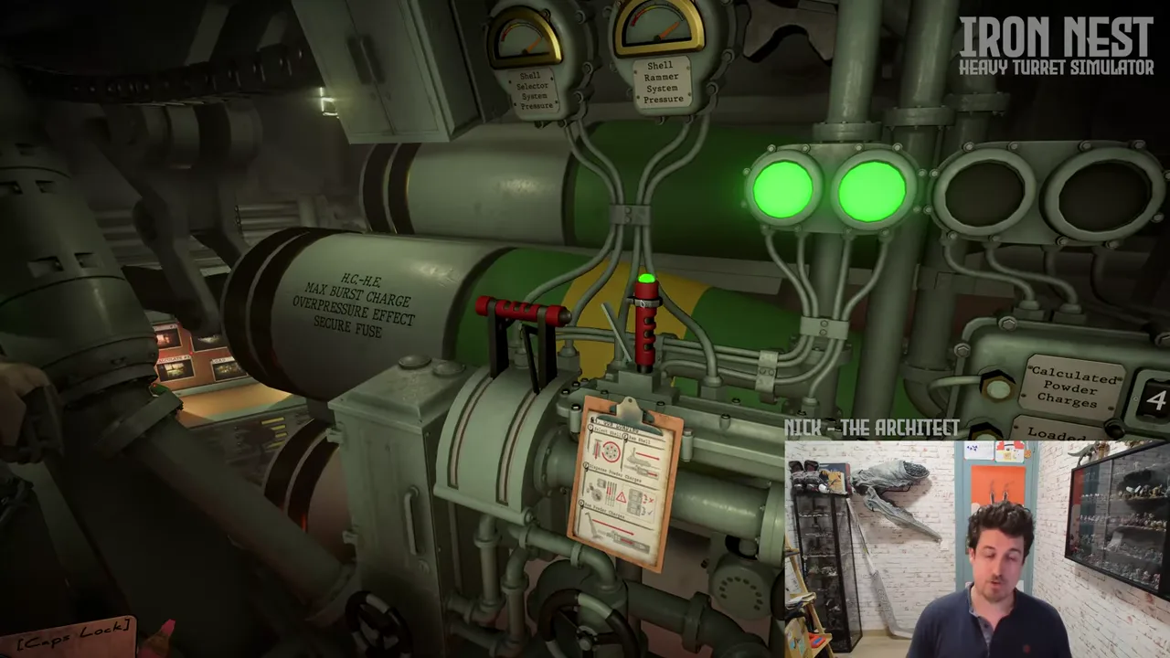 Official IRON NEST developer-video frame showing the connected heavy-turret stations used during an artillery operation.