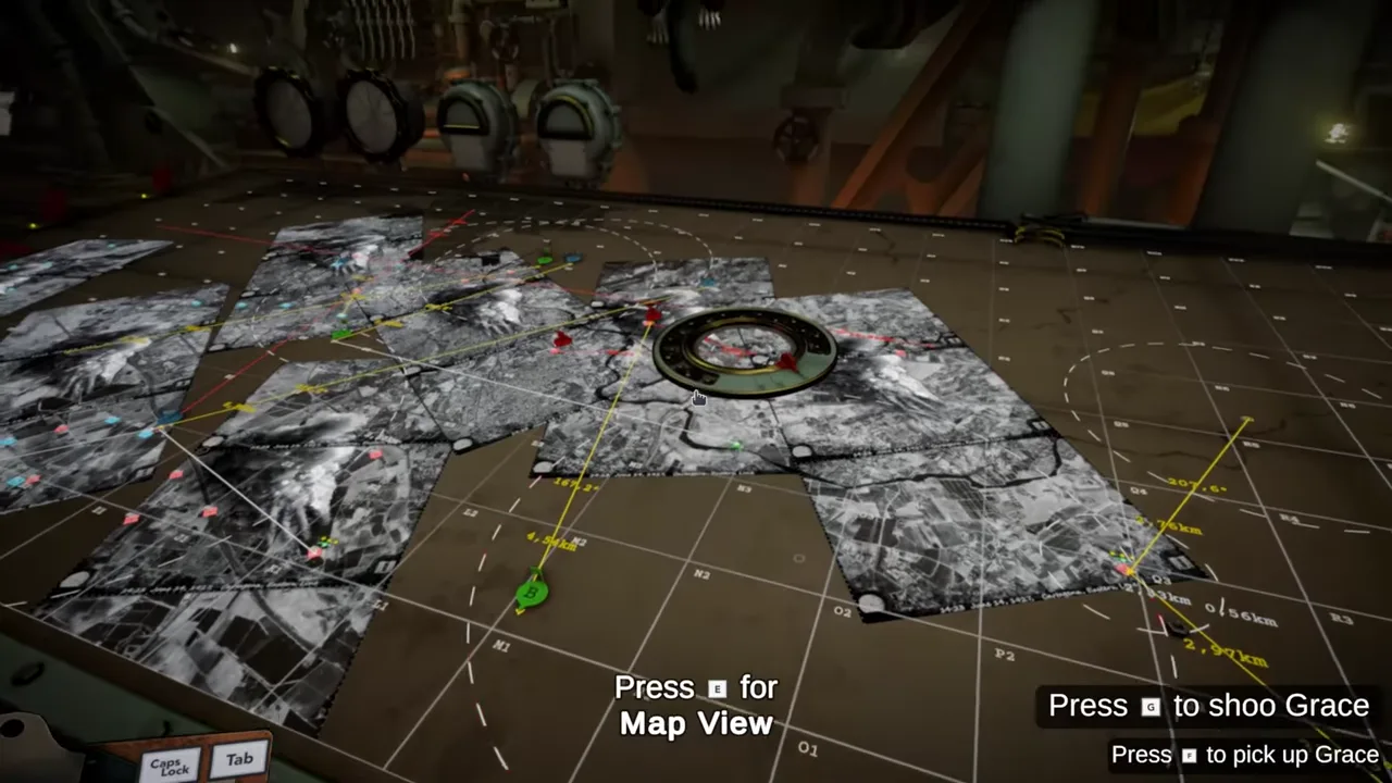 IRON NEST tactical map covered with reconnaissance photographs, colored markers, plotted lines, distances and a circular measuring tool