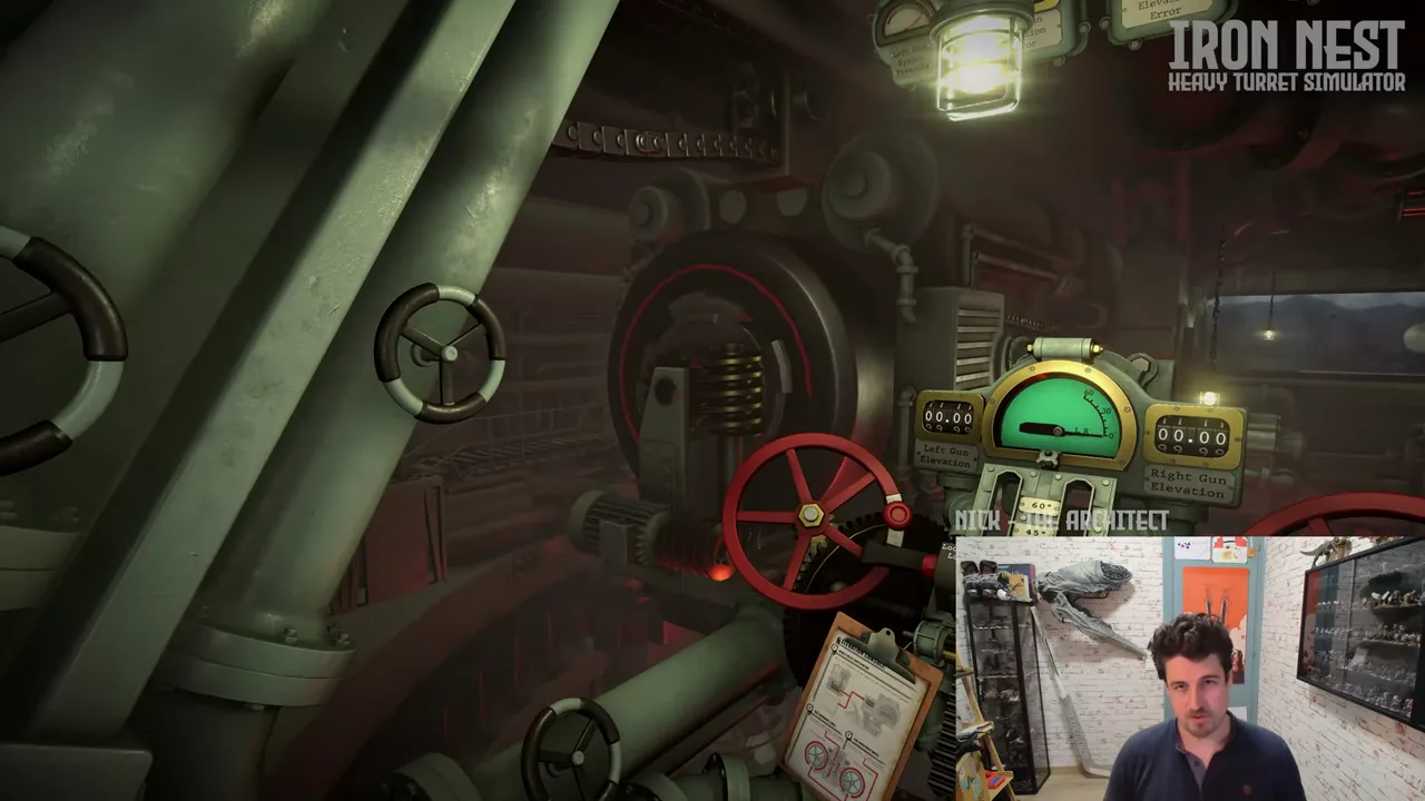 Official IRON NEST developer-video frame showing the heavy-turret operating space where several sequential tasks must be completed.