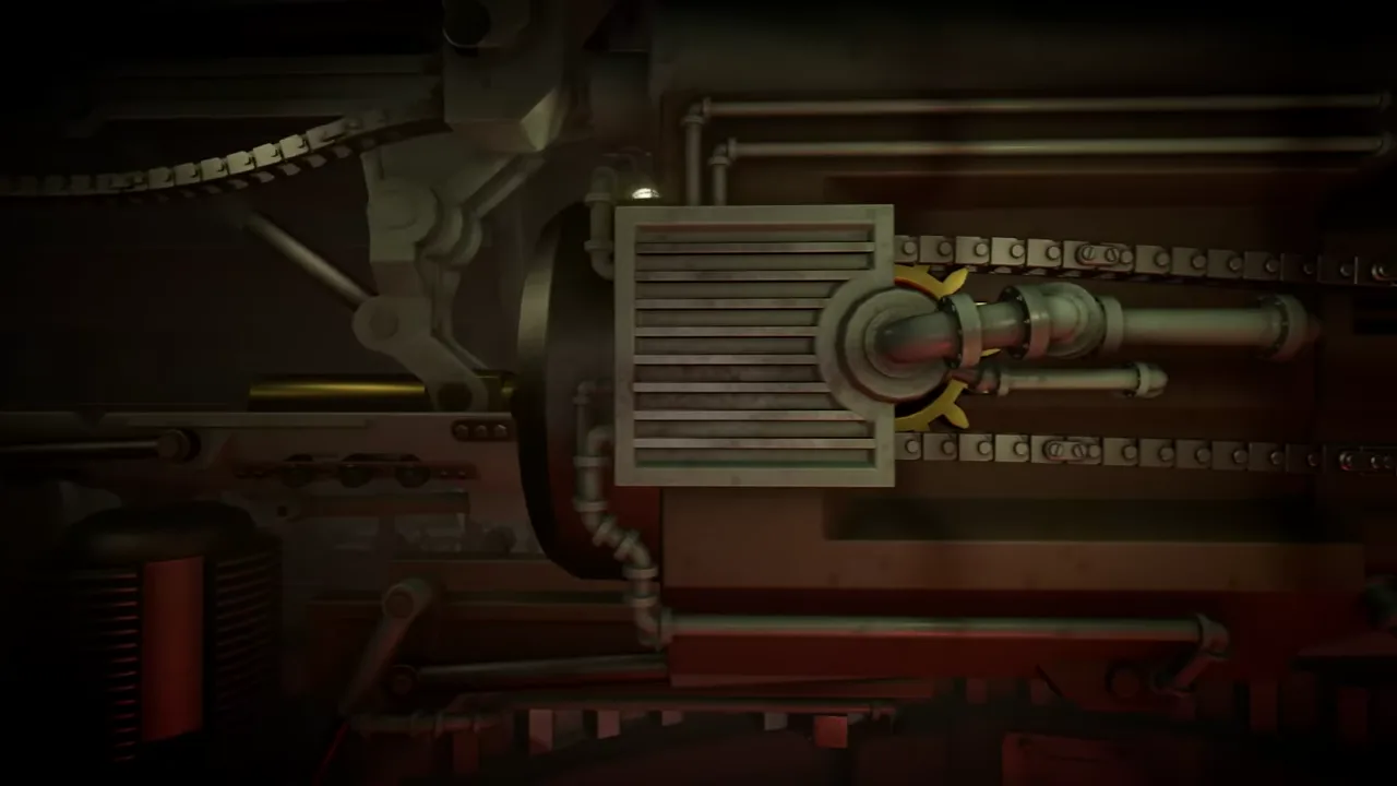 Official IRON NEST launch-trailer frame showing separated mechanical stations, pipes and controls inside the heavy turret.