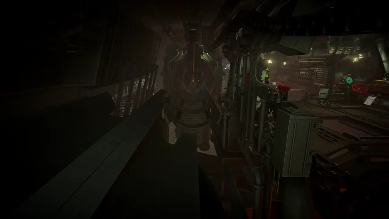 Wide interior view of IRON NEST showing the two gun assemblies, mechanical linkages and distant gun-laying controls