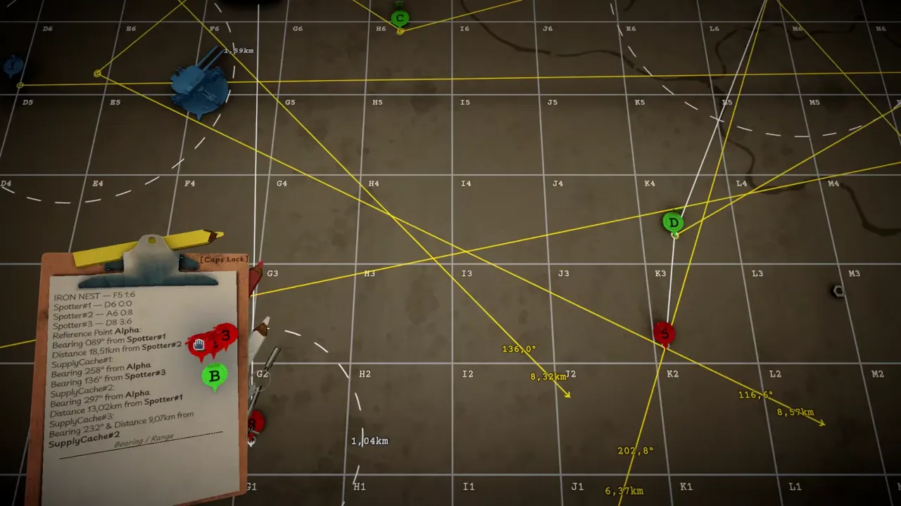 Official IRON NEST demo-trailer frame showing the turret interior, objective materials and a map-facing operator position.