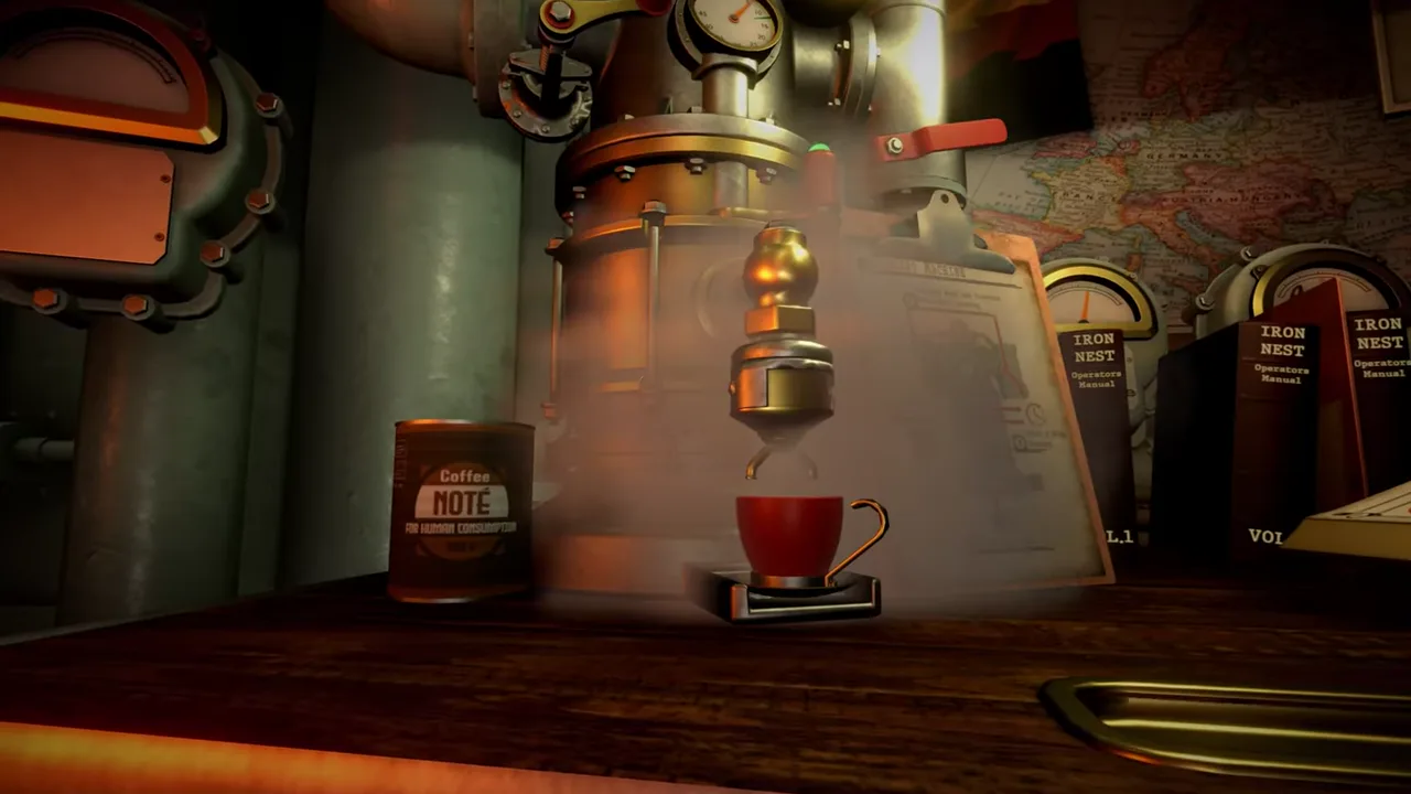 IRON NEST operator station with steaming coffee, three operator manuals, a wall map and a protocol sheet beside heavy machinery