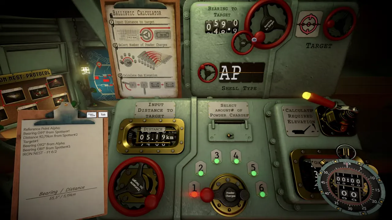 IRON NEST ballistic calculator with a mission protocol board, target notes, bearing controls, powder-charge selector and elevation readout