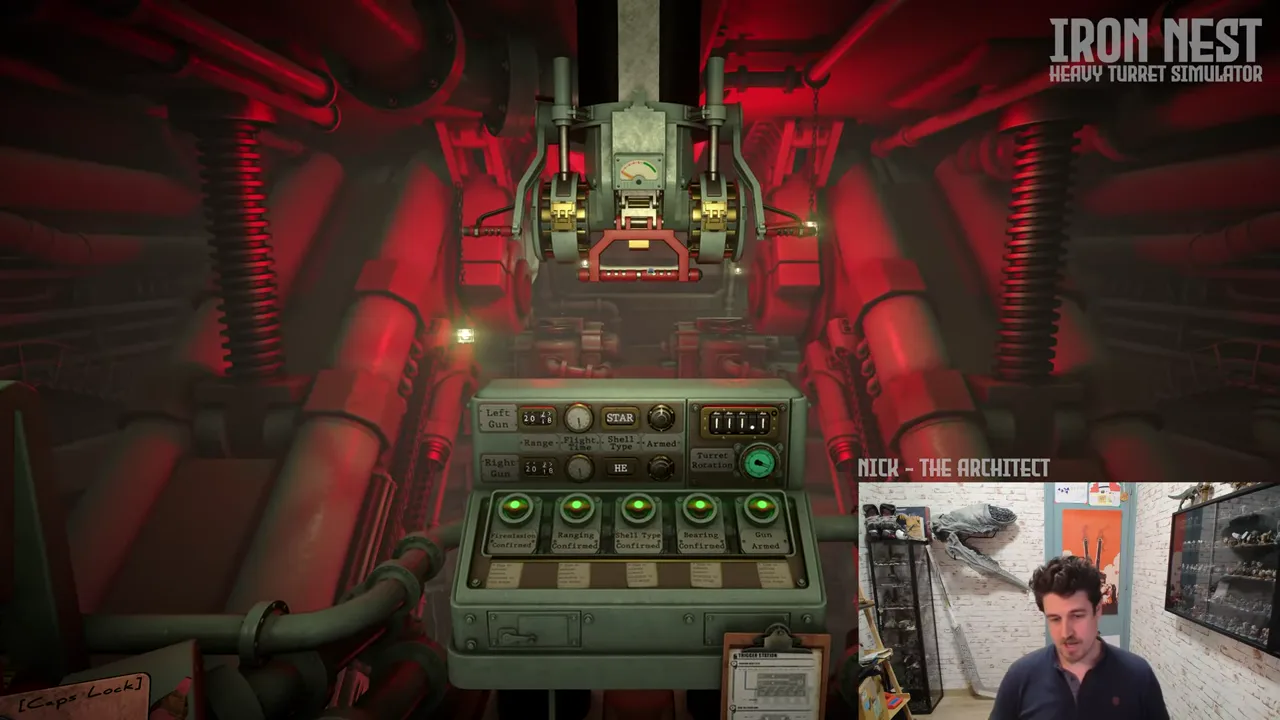 IRON NEST command console and twin loading mechanisms illuminated by red alert lighting