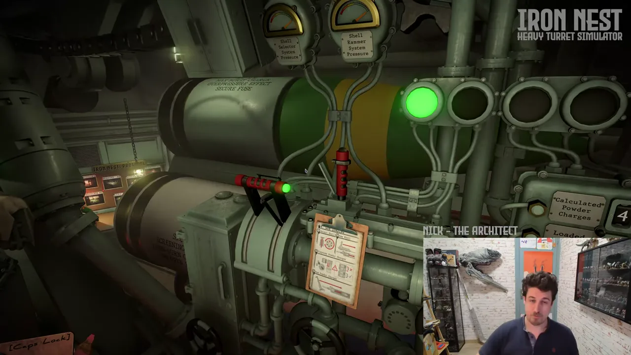 Official IRON NEST developer-video frame showing the heavy artillery workspace and its connected information stations.