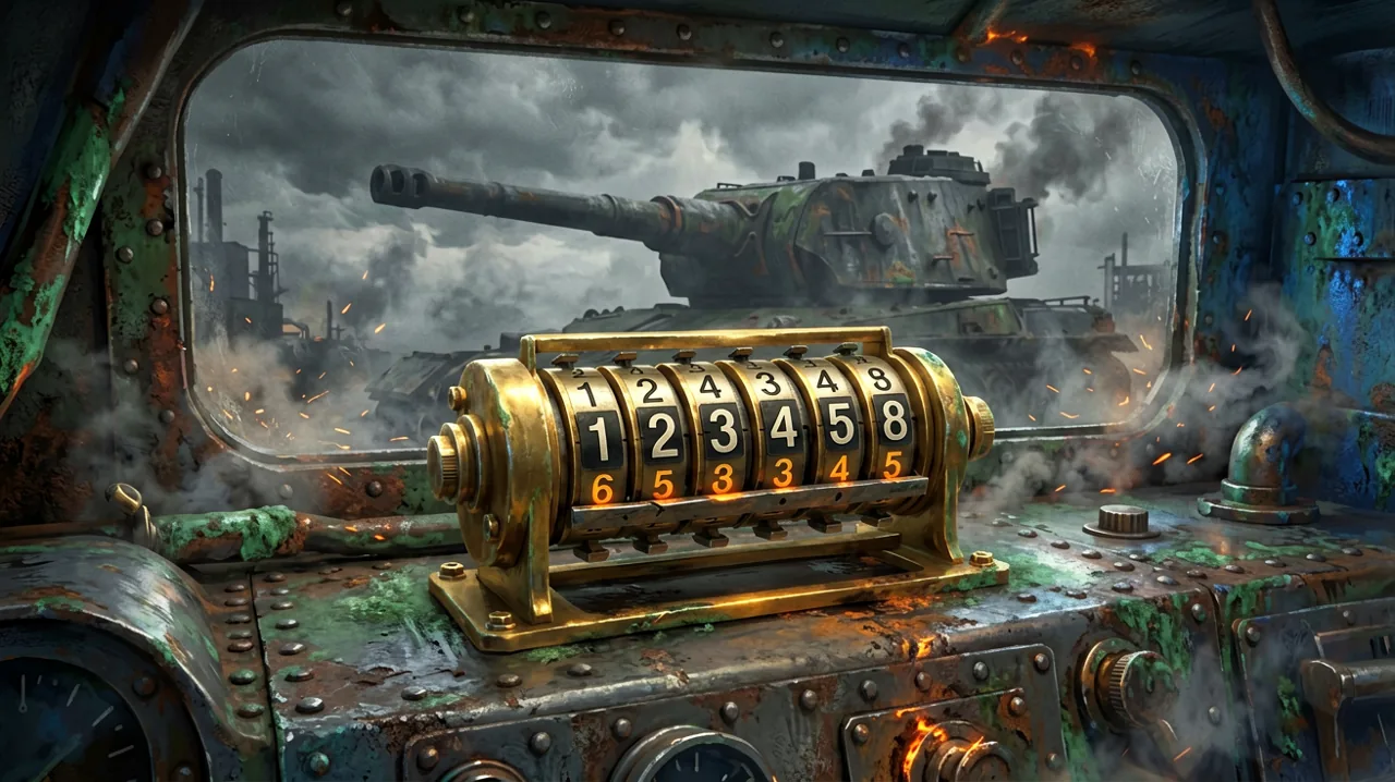 A vintage brass numeric counter displaying high numbers on a dark steel control panel inside a dieselpunk fortress, with a heavy artillery turret visible through a viewing slit.