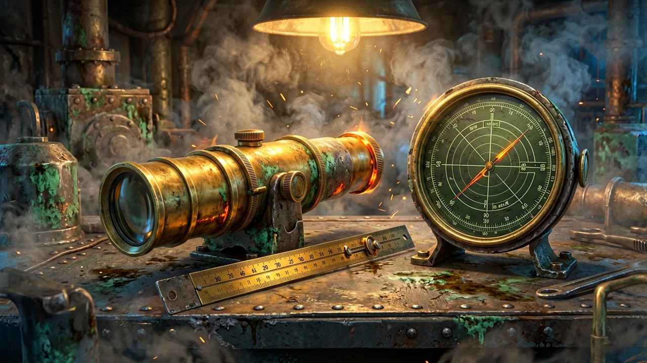 A retro dieselpunk workspace containing a brass rangefinder and manual slide rule tools.