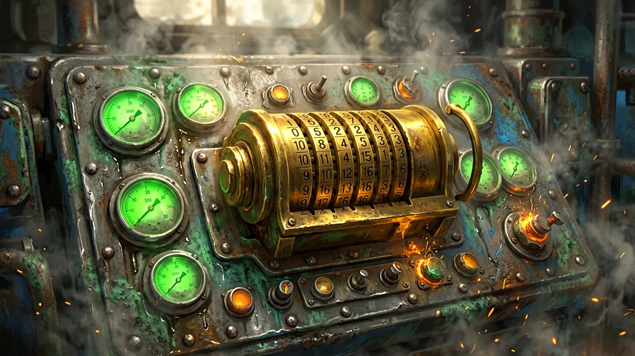 A close-up of a rugged dieselpunk control panel with a mechanical brass counter, analog pressure gauges, and industrial rivets.
