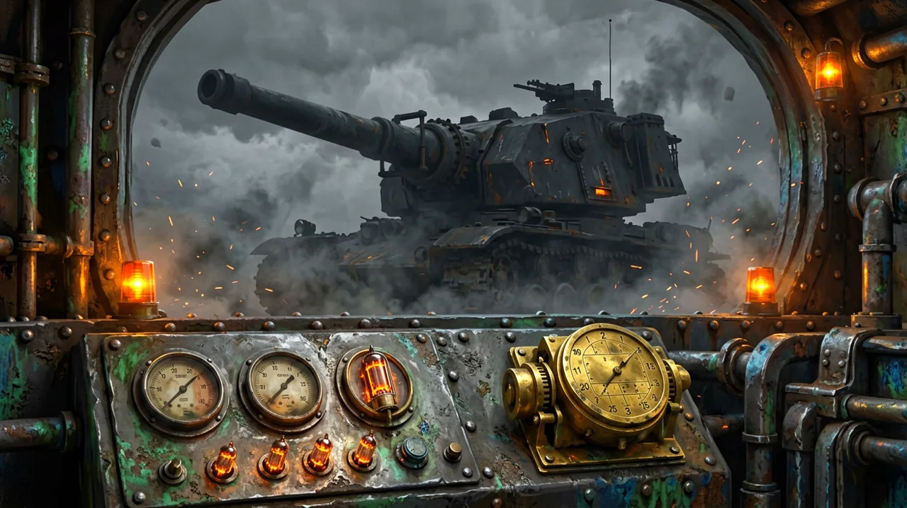 A giant dieselpunk steel artillery turret silhouette standing inside a concrete bunker under a bleak overcast sky, with analog control panels in the foreground.
