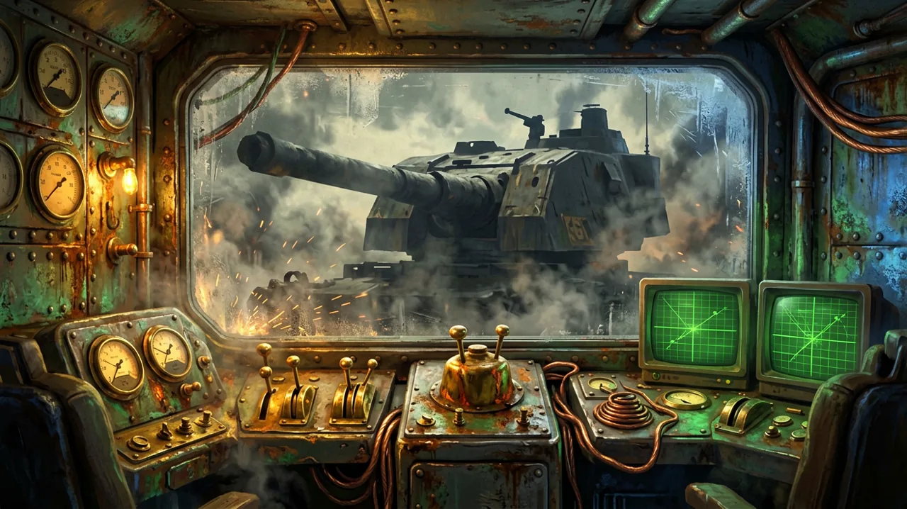 A dimly lit dieselpunk military bunker with retro control panels looking out at a heavy artillery turret