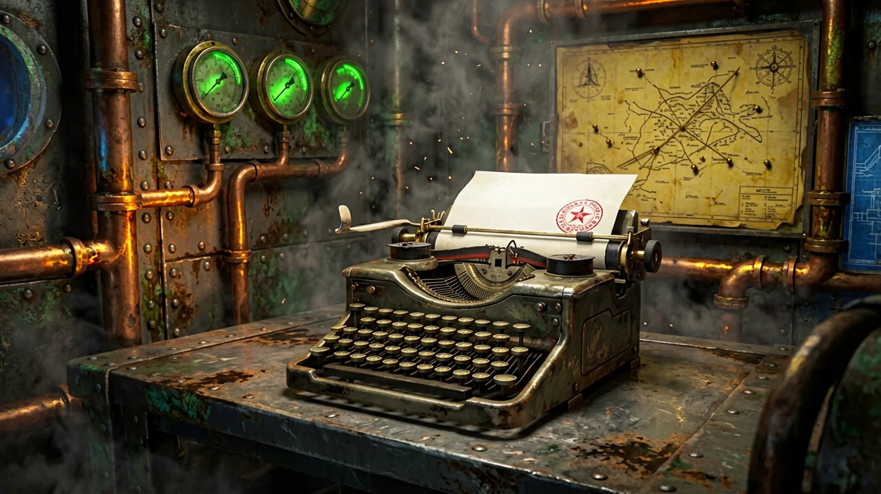 A vintage dieselpunk control console inside a steel turret, with order papers spilling out of a mechanical typewriter next to heavy pressure gauges.