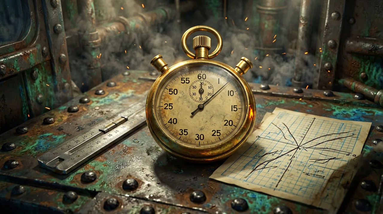 A vintage brass mechanical stopwatch mounted on a heavy metal control panel with sliding ballistic calibration tools.
